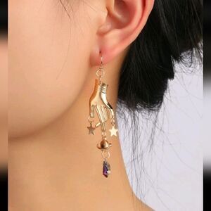 Boho Purple Gold Rhinestone Decor Hand & Star Drop Earrings